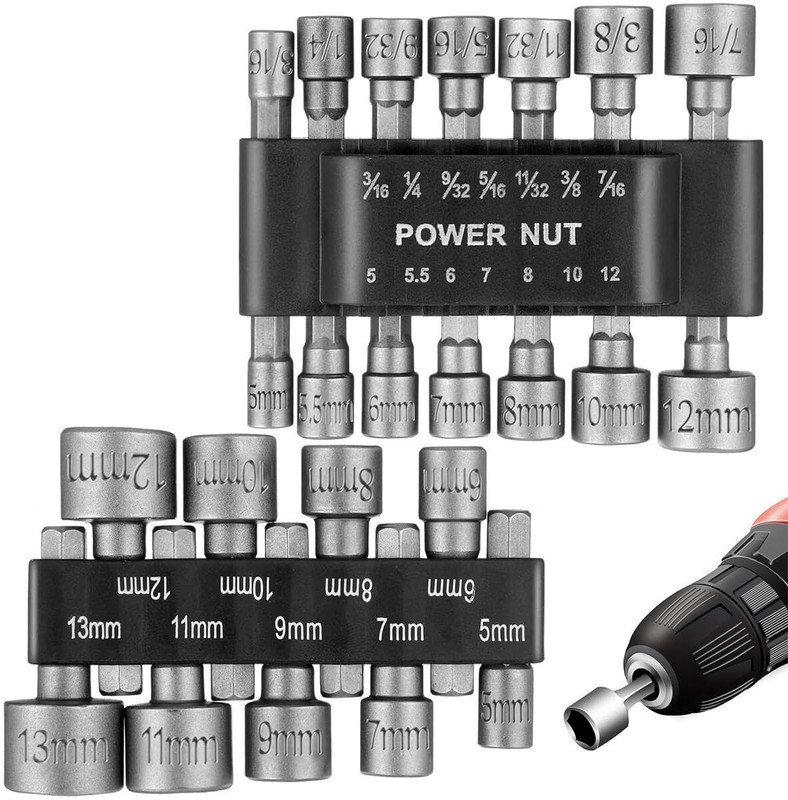 HASTHIP 23Pcs Power Nut Driver Set Hex Shank Metric Socket 23Pcs Power Nut Driver Drill Bit Set Hex Shank Socket Wrench for Power Tools Specialty Woodworking Bits(Pack of 1)