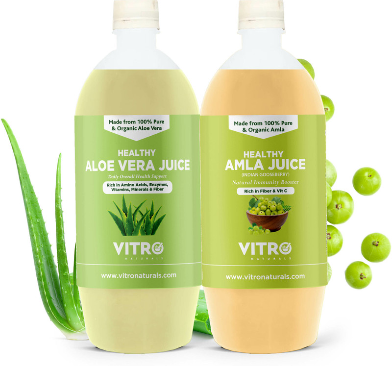 VITRO Pure Healthy Aloe Vera & Amla Juice Boosts Immunity|Healthy Hair & Glowing Skin (2 x 1 L)