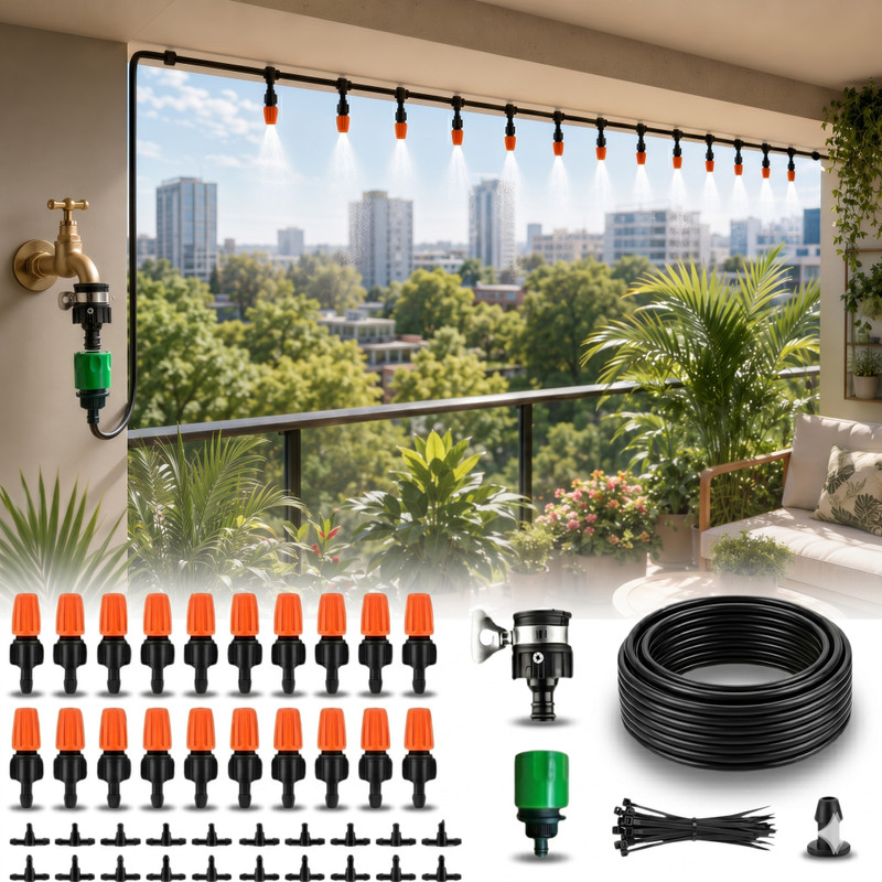 JERN Misting Irrigation Kit with Adjustable Nozzles (15m Pipe + 20 Nozzles) Drip Irrigation Kit