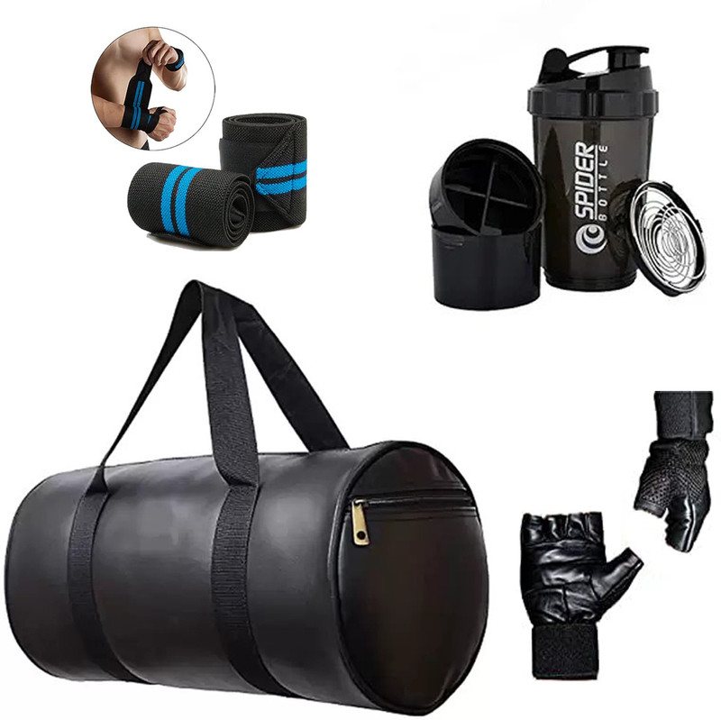 ANANYA ENTERPRISES Gym Bag Combo Men's Gloves black Wrist Support Band and big spider shaker Bottle Gym Duffel Bag