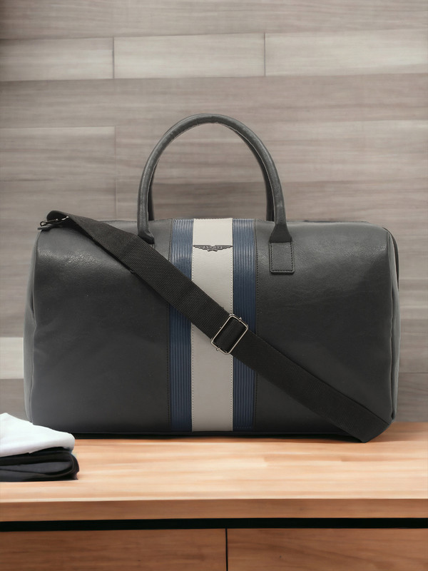 Police Navy and Grey Vegan Leather Morrin 30Ltr Duffle Bag For Travel For Men and Women Gym Duffel Bag