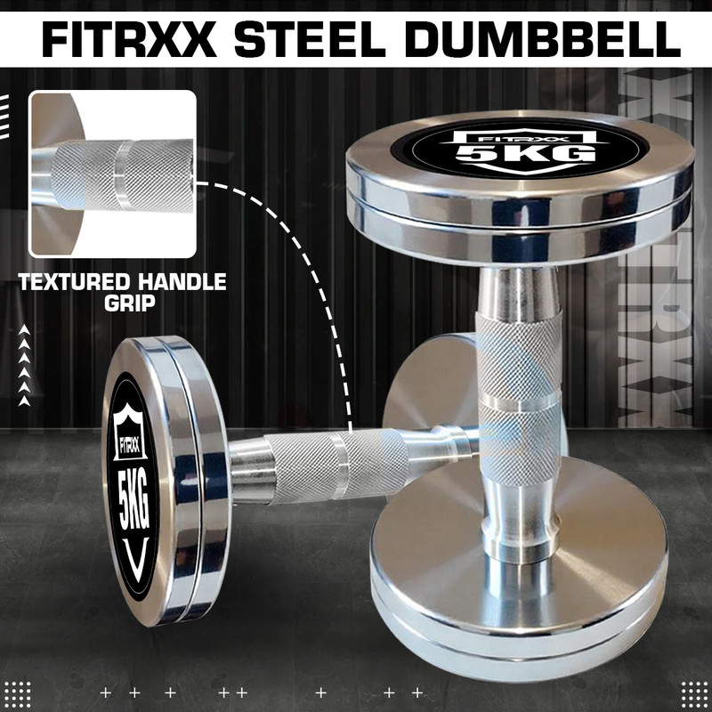 FITRXX 5 kg Steel Chrome Dumbbells Round Shape Iron Dumbbell Set Fixed Weight Dumbbell(5 kg)