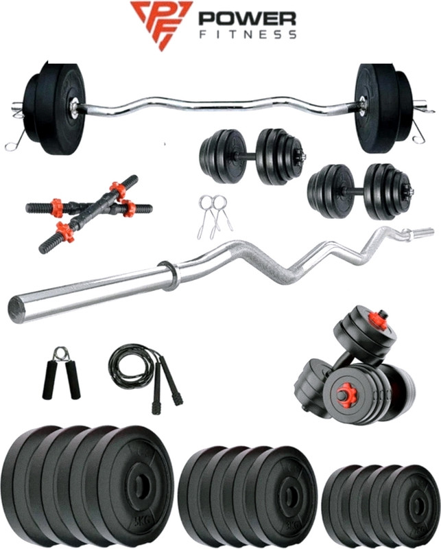 POWER FITNESS 30KG PVC Weight Set with Dumbbell Rods, 3ft curl Rod & Acc Gym Fitness Adjustable Dumbbell(30 kg)
