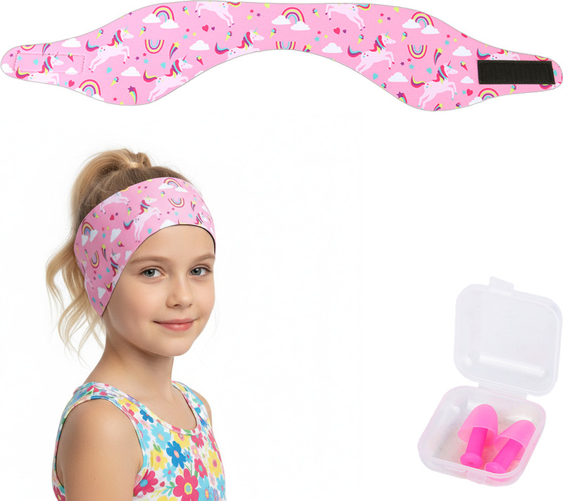 ELEPHANTBOAT Kids Swim Headband with Ear Protection and Adjustable Fit Pink Design Ear Plug(Pink)