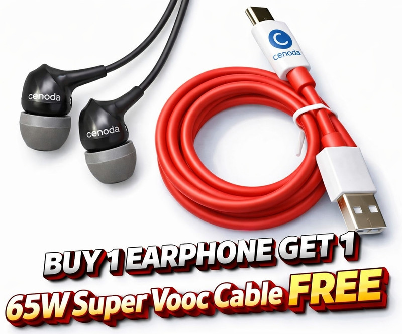 cenoda Combo Offer Wired Earphones with Mic + 65W Super Vooc Fast Charging Cable Free Earphone Cable Organizer