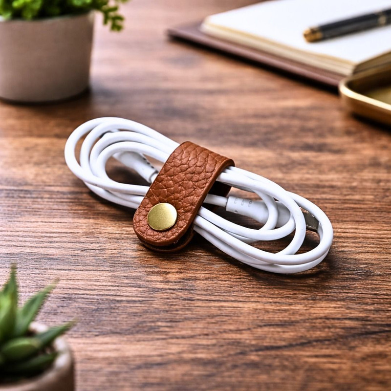 Rehan'z Genuine Leather Earphone Cable Organizer Strap with Brass Button Tangle Free 4Pc Earphone Cable Organizer