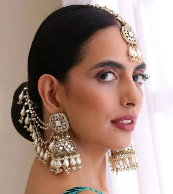 Cfj Traditional Kundan Pearl Ear Chain Earrings For Women And Girls Pearl Brass Jhumki Earring