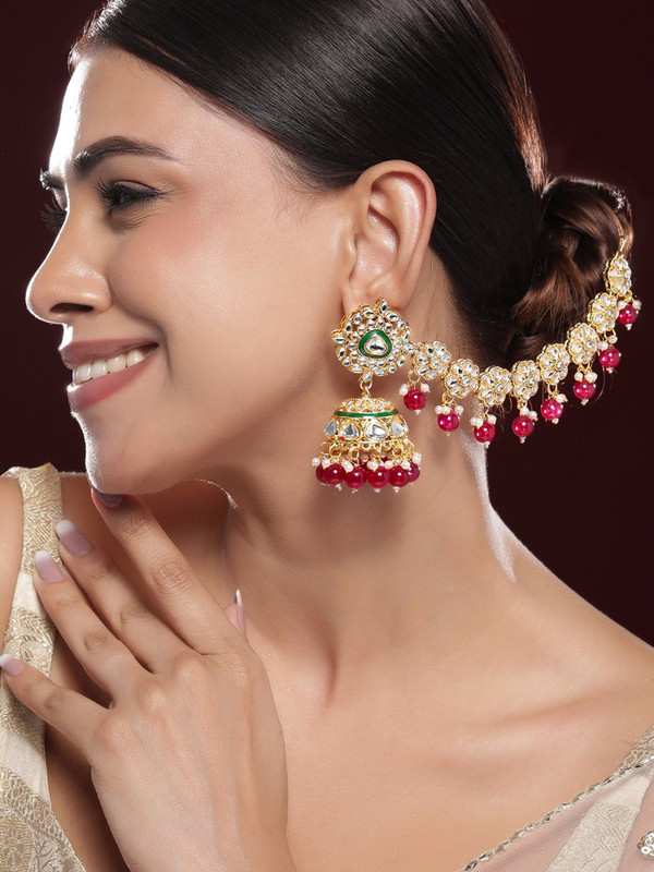 Rubans 22k Gold-plated Kundan Kan Chain Earrings With Red Beads & Green Enamel Brass Ear Thread
