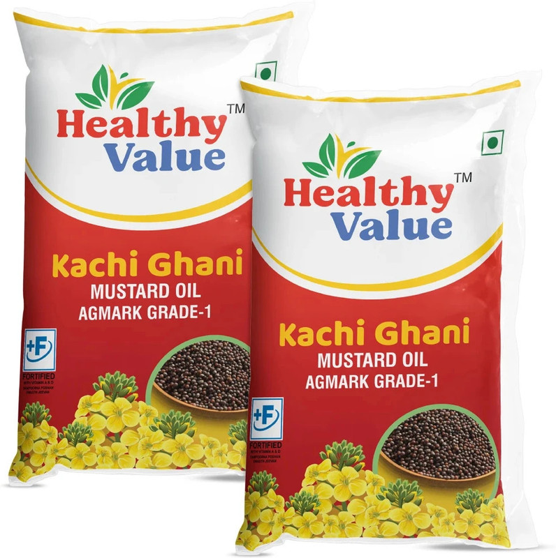Healthy Value Kachi Ghani Mustard Oil 1 L Pouch Combo | Healthy Sarson ka Tel | Pack of 1 Mustard Oil Pouch(2 x 1 L)