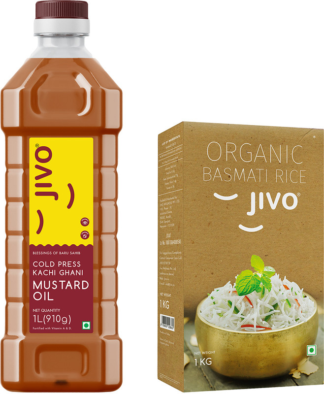 JIVO Mustard Kachi Ghani 1 Litre (Pet Bottle) + Organic Long Grain Basmati Rice 1 KG Mustard Oil PET Bottle(2 x 0.5 L)