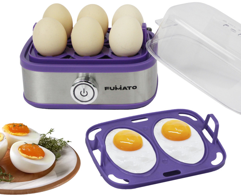 The Better Home by Fumato FUMATO 210W Egg Boiler with Poacher Eggwhiz 210W, 3 Cooking Methods with Poaching Tray & Transparent Lid,Blue Egg Cooker(Purple, 6 Eggs)