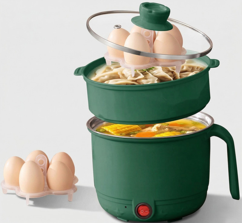 FRESINIYA ENTERPRISES Swift-Steam 1.5L Electric Hot Pot with Integrated Egg Rack Egg Boiler, Egg Cooker, Egg Roll Maker, Rice Cooker(1.5 L, Green)