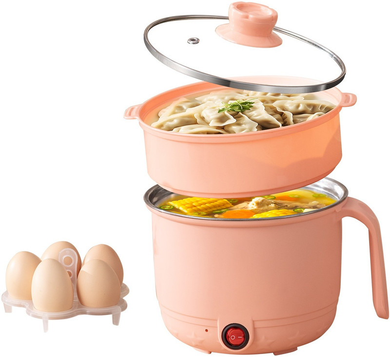 Cloudbliss 1.5L Multipurpose Hot Pot with Steamer & Egg Tray, Mini Hot Pot Electric Pressure Cooker, Travel Cooker, Food Steamer, Egg Boiler(1.5 L, Peach)