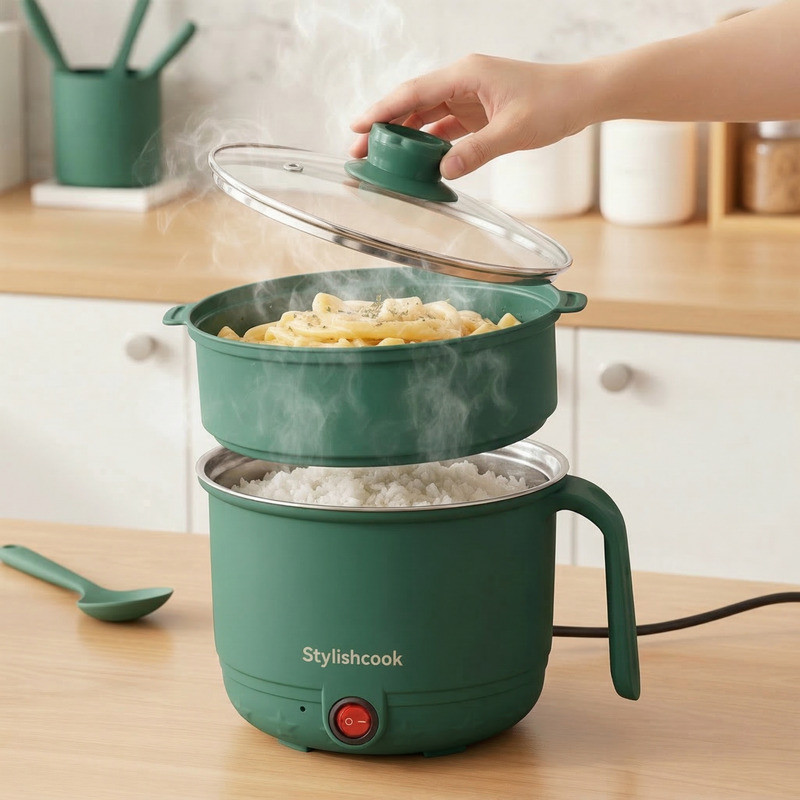 CREATION BAZAAR Multiifunction Mini Non-Stick Cooker with Glass Lid Base Concealed Hot Pot Rice Cooker, Travel Cooker, Egg Cooker, Egg Boiler, Food Steamer(1.8 L, Multicolor)