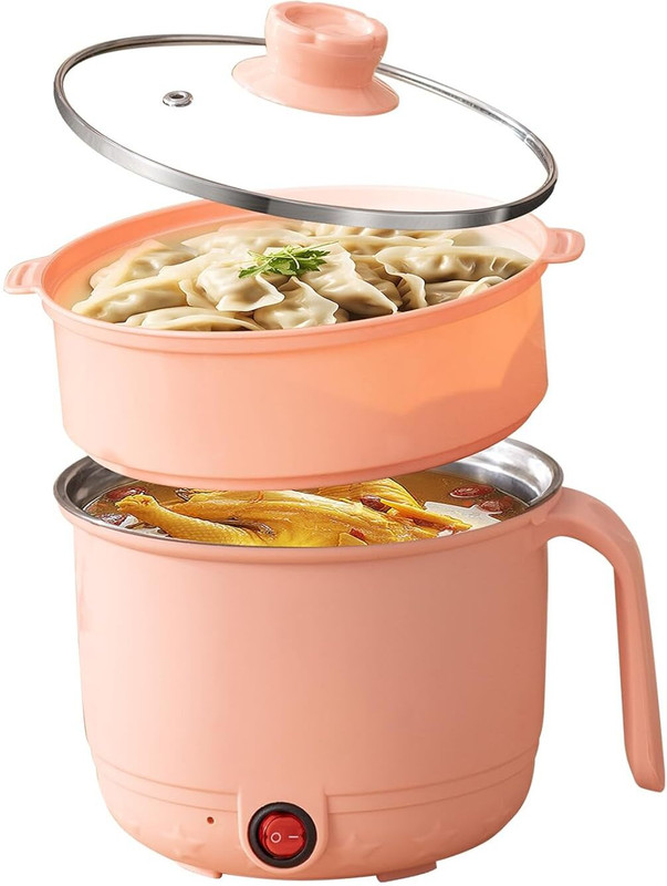 Stadash Inner Steel Cooker Mini Hot Pot with Steamer Multipurpose Electric Rice Cooker Rice Cooker, Deep Fryer, Egg Boiler, Food Steamer, Slow Cooker, Travel Cooker(1.5 L, Peach)