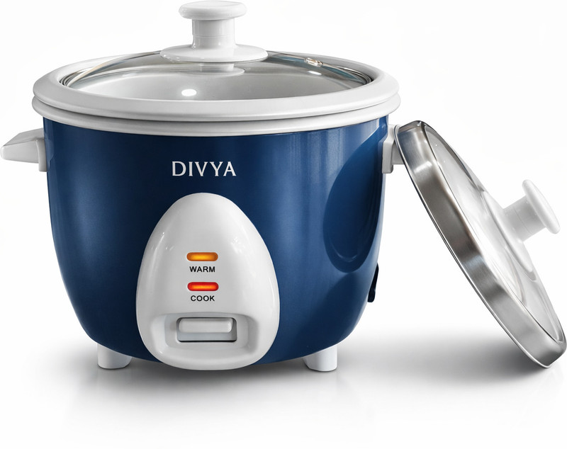 DIVYA 1.0 L Drum Rice Cooker | Double Pot & Double Lid | 400 W | Glass Lid | Electric Rice Cooker(1 L, White)