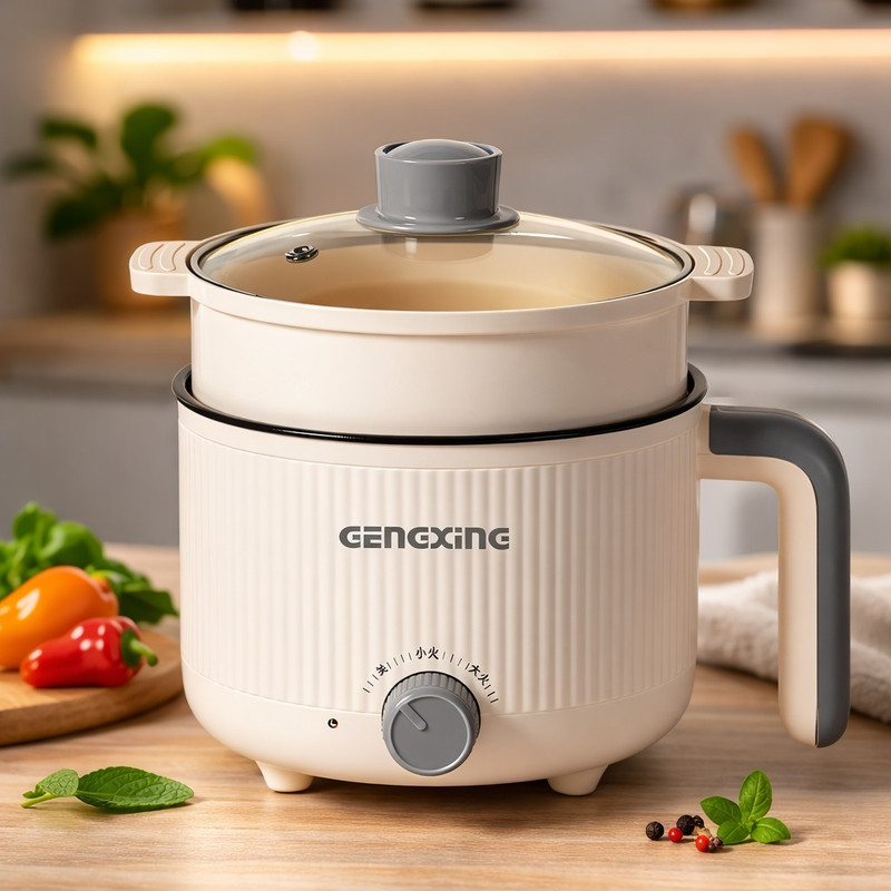MOOKA Portable Electric Cooking Pot 1.5L, Multi-Function Noodle/Rice Cooker Air Fryer, Egg Boiler, Deep Fryer, Food Steamer, Rice Cooker, Travel Cooker(1.5 L, Cream, GREAY)