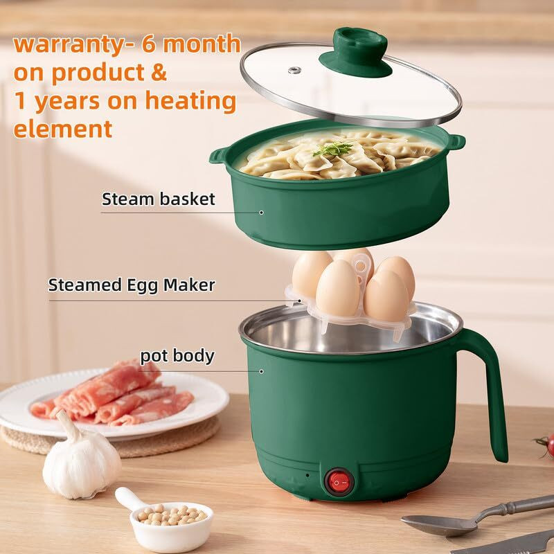 AVIRA OVERSEAS Electric Kettle 1.5L Stainless Steel Noodles Cooker & Egg Steamer for Kitchen Rice Cooker, Travel Cooker, Egg Cooker(1.5 L, Green)