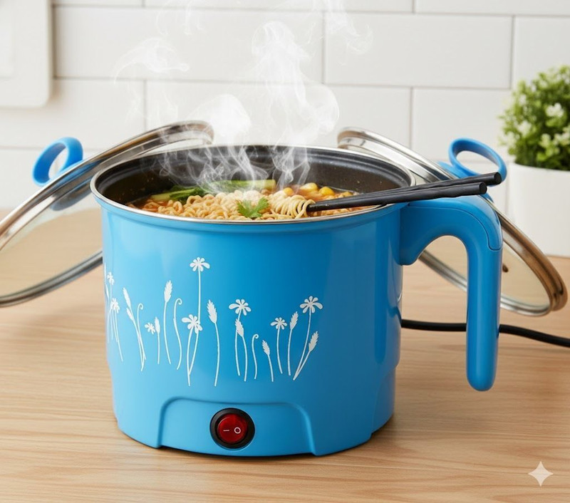 princemarkett Multipurpose Electric Cooker with Glass Lid, Non-Stick Pan & Long Handle Electric Pressure Cooker, Slow Cooker, Travel Cooker, Egg Boiler(1.8 L, Blue)