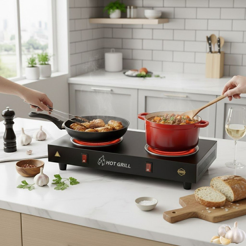Hot Grill 2000 W Radiant Cooktop Push Button(Black, 2000W Double Burner Electric Cooktop Hot Plate with Flat Surface Easy Clean Body)