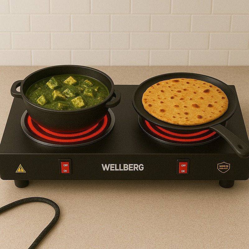 WELLBERG 2000 W Radiant Cooktop Push Button(Black, Electric Double Burner Stove |Portable Dual HotPlate | Perfect for Daily Cooking)