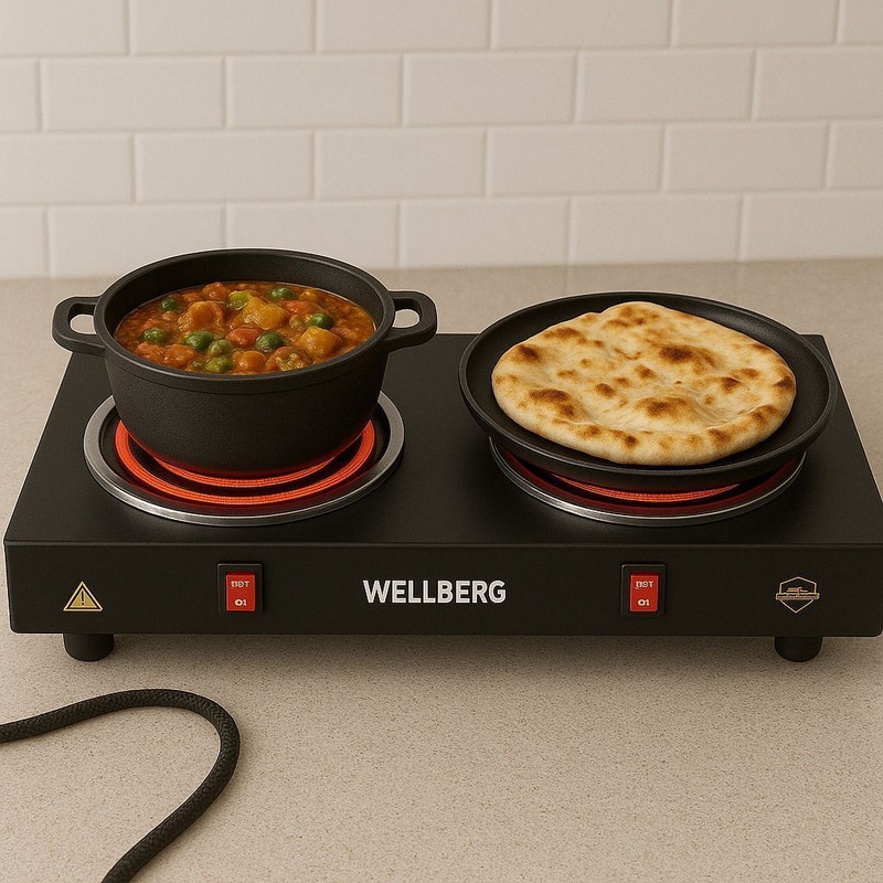 WELLBERG 2000 W Radiant Cooktop Push Button(Black, Dual Coil Electric Hot Plate Portable ElectricStove for HomeHostel and TravelUse)