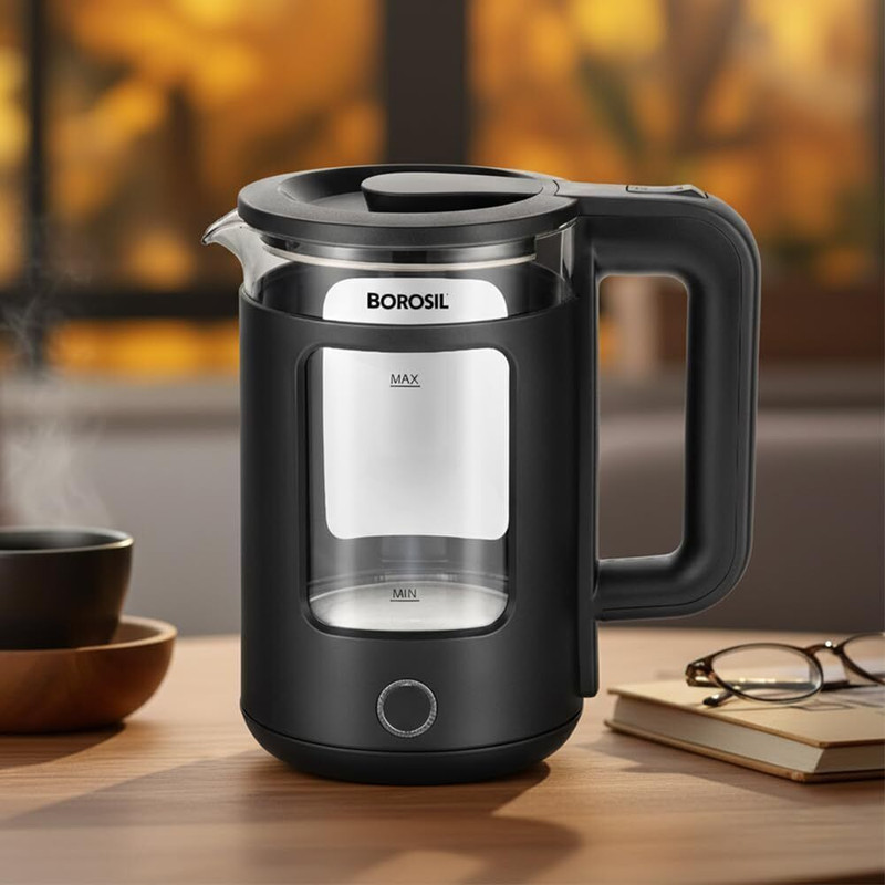 BOROSIL 1380W Cooltouch 1.5L Electric Kettle, Borosilicate Glass Body with Blue LED Electric Kettle(1.5 L, Black)
