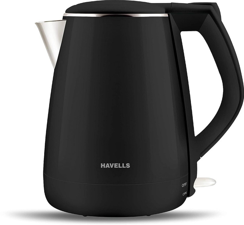 Havells Electric Kettle Aqua Plus 1250 Watts 1.2 liters , Double Layered Cool Touch Outer Body | 304 Rust Resistant SS Inner Body with Auto Shut Off | Wider Mouth | 2 Yr Manufacturer Warranty (Black)
