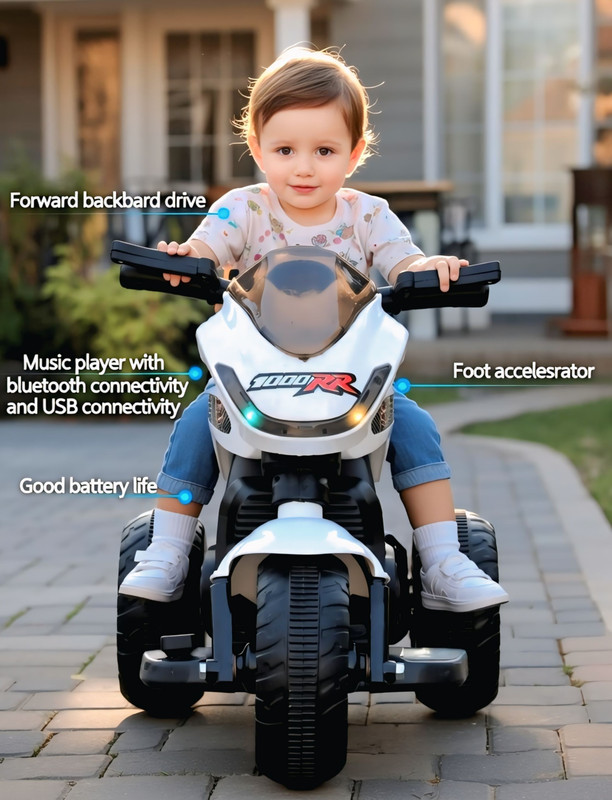 oh baby Ev With Music And Lights, Forward and Backward, Built in MP3 Bike Battery Operated Ride On(White)