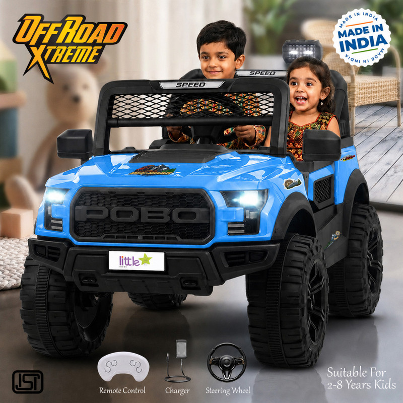 LITTLE RIDES Pobo 12V Battery Operated Jeep for Kids, with Light & Music Big Jeep Battery Jeep Battery Operated Ride On(Red)