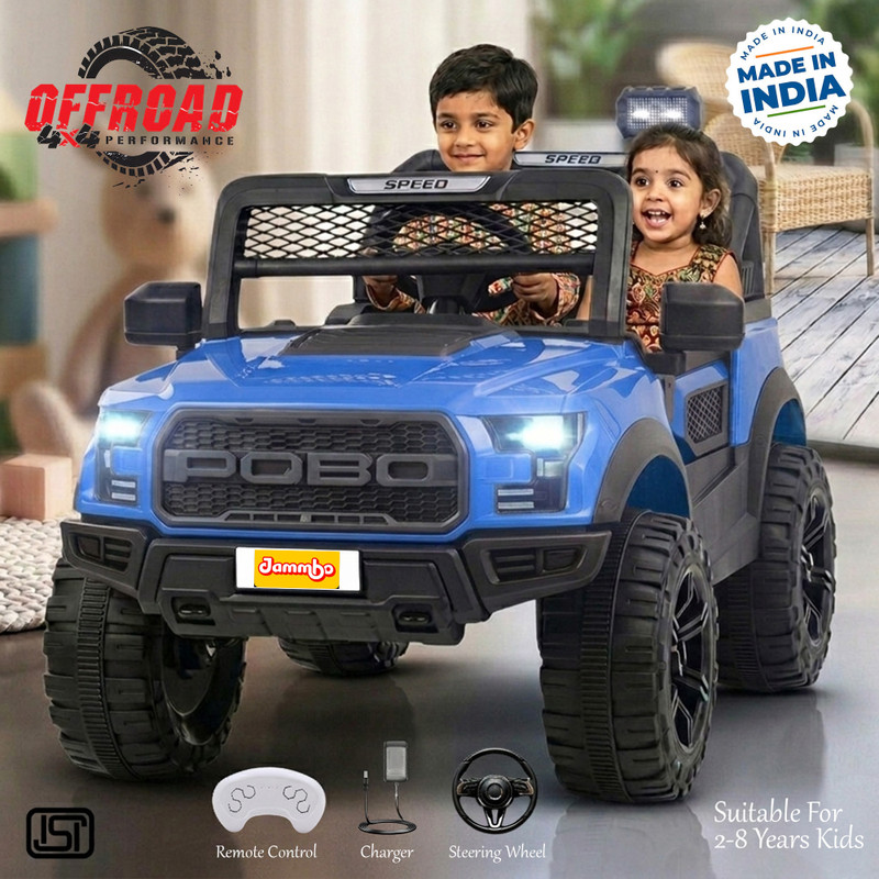 Jammbo POBO Rechargeable(2-8Yrs) Kids Electric Jeep with Bluetooth,Music,Light & Remote Jeep Battery Operated Ride On(Blue)