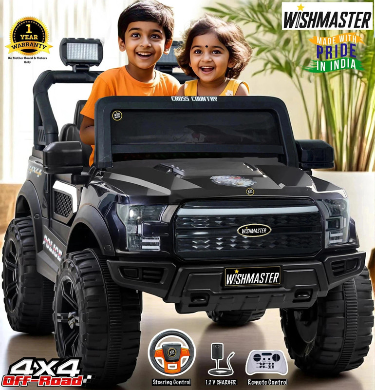 Wishmaster 4x4 Pobo Driving Car With Remote , Mobile App + Manual Drive Car Jeep Battery Operated Ride On(Black)