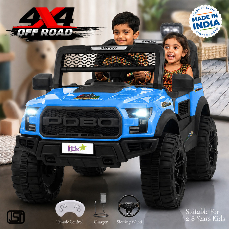 Wishmaster Kids Driving POBO 4x4 Car For 1-8 Years Manual Drive + Remote Control Big Jeep Battery Operated Ride On(White)
