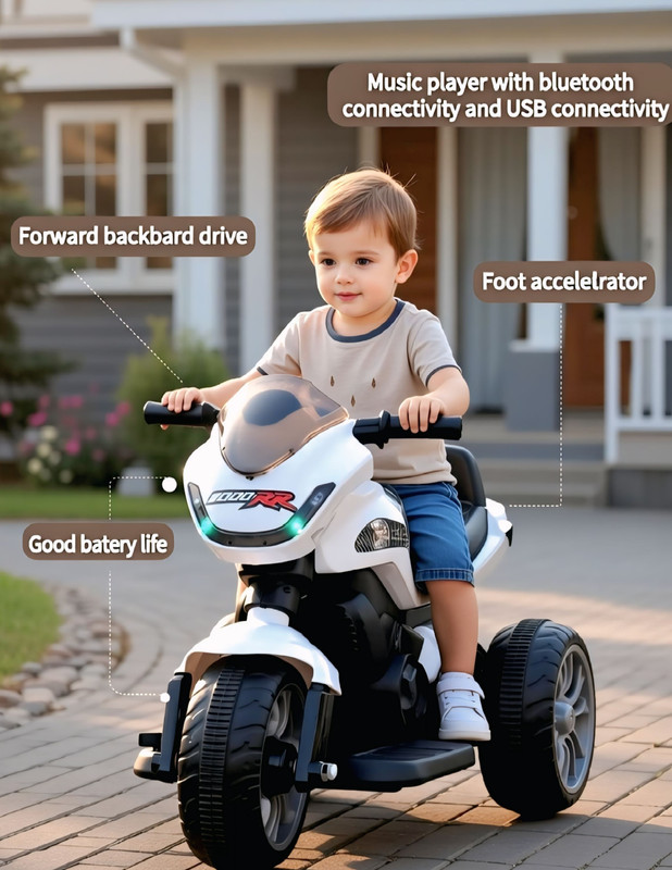Prabal Zippy Ninja Ev With Music And Lights, Forward and Backward, Built in MP3 player Bike Battery Operated Ride On(White)