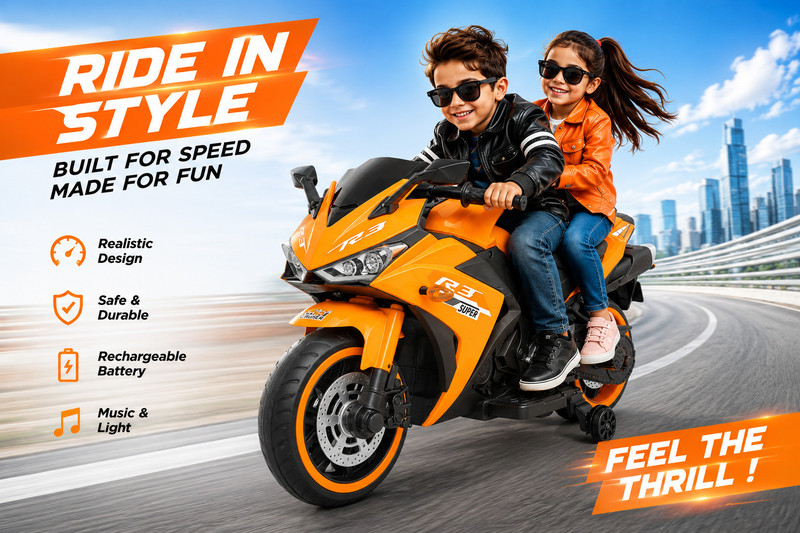 MINI CRUISERS R3 Electric Ride-on bike for kids| Suitable for ages 3-8| Big motorcycle Bike Battery Operated Ride On(Orange)