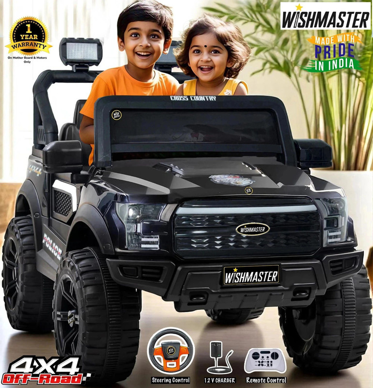 Wishmaster 4x4 Pobo Driving Car With Remote , Mobile App + Manual Drive Car Jeep Battery Operated Ride On(Black)