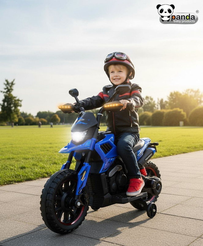 PANDA BABY PRODUCTS Electric Ride-On Bike for Kids – Sport Edition with LED Lights & Training Wheels Bike Battery Operated Ride On(Blue)