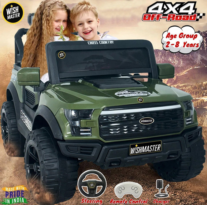 Wishmaster Kids 4 Motor Electric Battery Car With Baby Driving + Parents Remote To Control Jeep Battery Operated Ride On(Green)