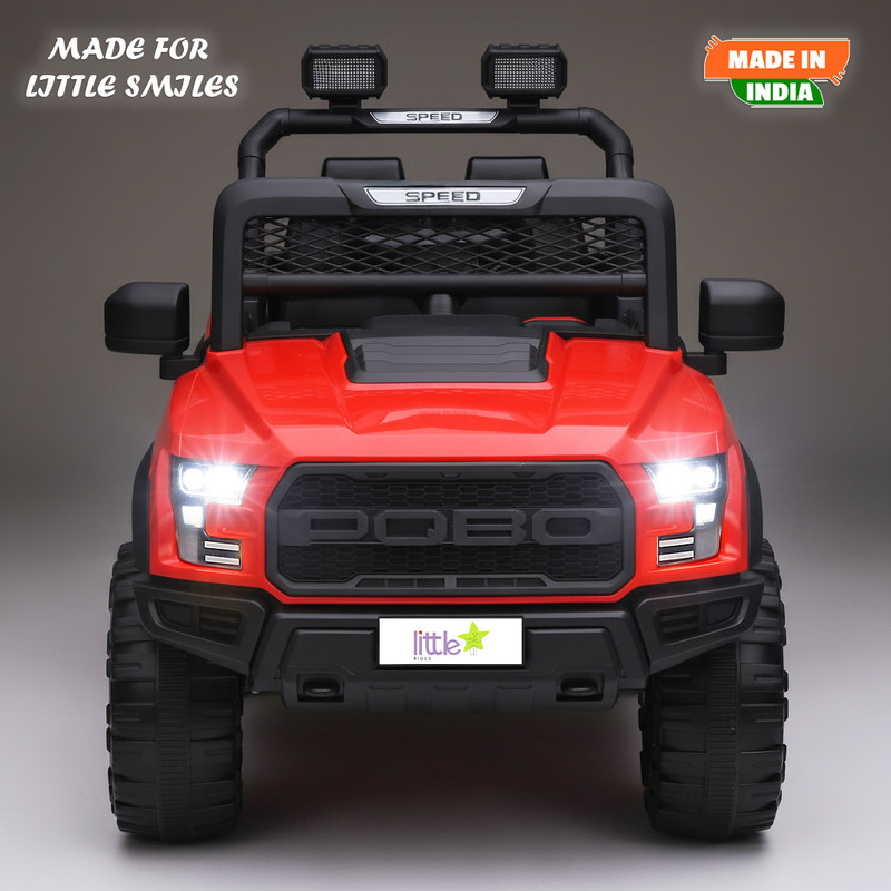 LITTLE RIDES Pobo 12v Battery Operated Jeep for Kids, with Light & Music Big Jeep Battery Jeep Battery Operated Ride On(Red)