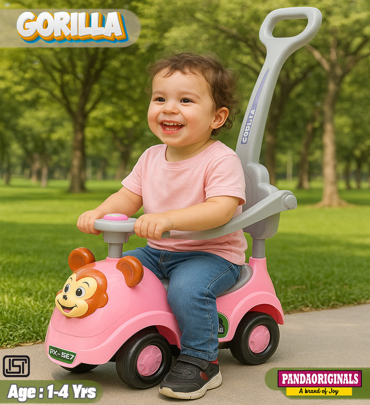 Pandaoriginals Gorilla Rider, Backrest, Safety Railing, Musical, Age 1-3 yrs (25KG Capacity) Car Non Battery Operated Ride On(Pink)