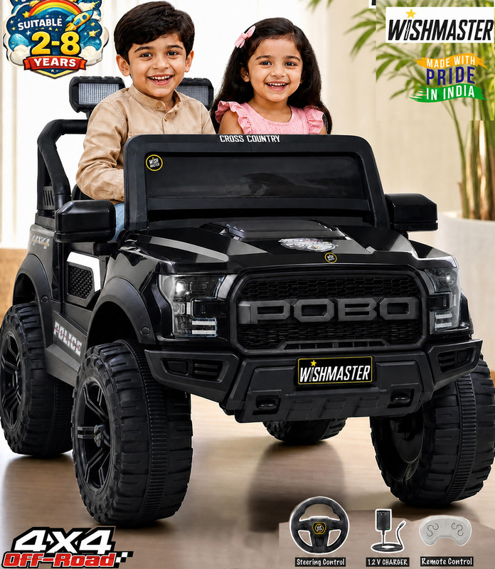 Wishmaster 4x4 Pobo Driving Car With Remote , Mobile App + Manual Drive Car Jeep Battery Operated Ride On(Black)