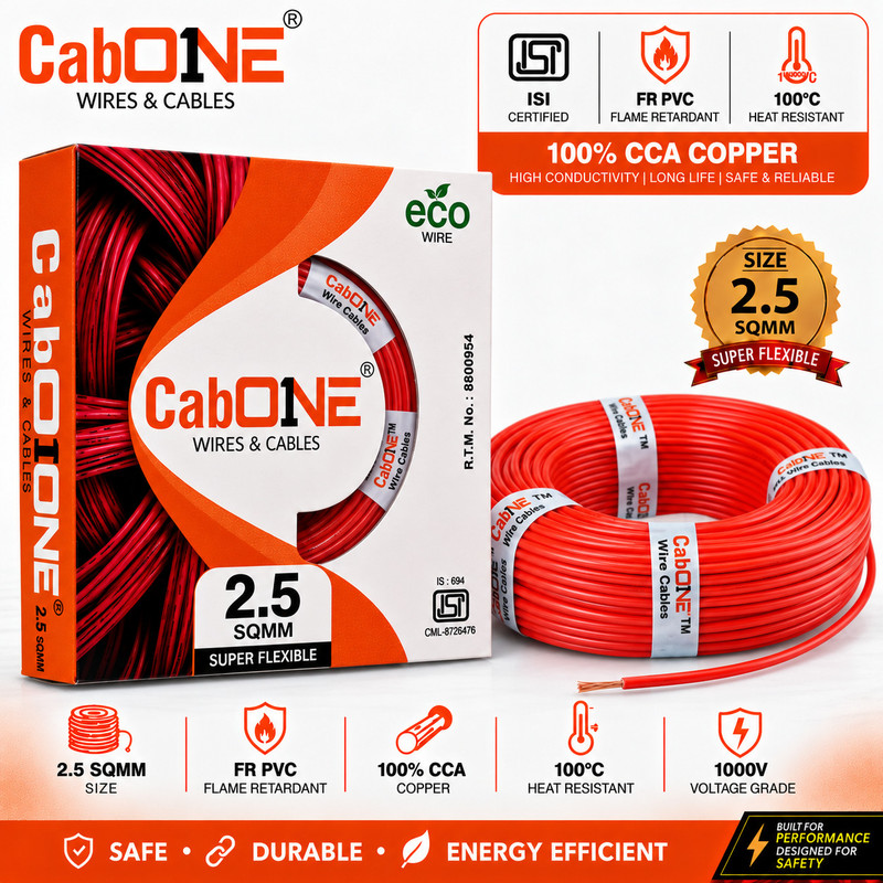 CabONE Lite 2.5 Sqmm Electrical Wire|90 MTR|Single Core|Copper|FR PVC Insulation Cables 2.5 sq/mm Red 300 ft. Wire(Red)