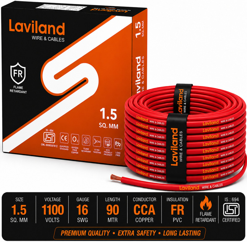 Laviland 1.5 SQ MM Copper Wire | 90m | Single Core | FR PVC Insulated | Domestic 1.5 sq/mm Red 90 m Wire(Red)