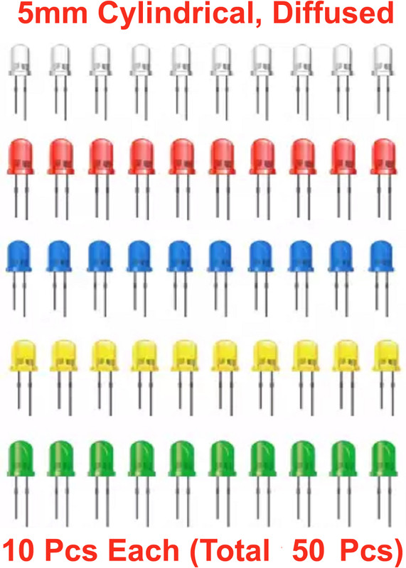 ELPH 5mm Diffused, Cylindrical LEDs Red_Green_Blue_Yellow_White Pcs 10 each_Total 50 Electronic Components Electronic Hobby Kit