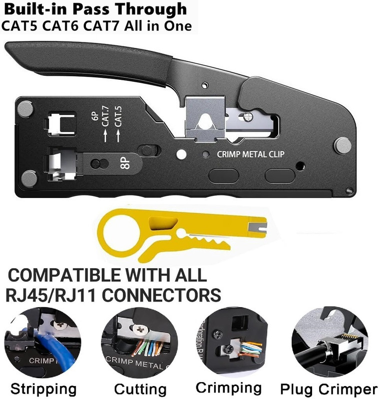 BALRAMA Pass Through Crimping Tool Cat5 Cat6a Cat7 RJ45 RJ12 RJ11 Cable Tester Stripper Network Interface Card(Rj11 Rj12 Stp/utp Telephone Connectors Stripper for Ethernet Network Lan Cable)