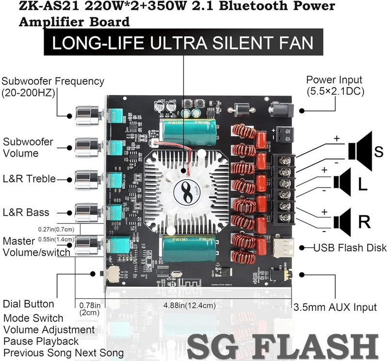 SG Flash ZK-AS21 220W*2+350W 2.1 Bluetooth Power Amplifier Board Electronic Components Electronic Hobby Kit