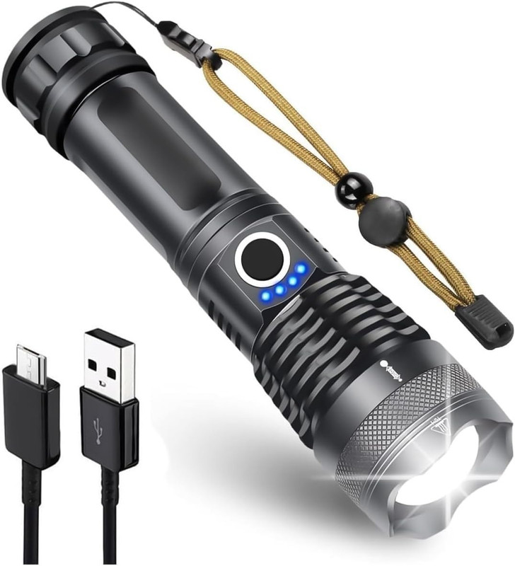 HYMASA 376 Zoomable High Power Torch Light Rechargeable Type-C LED Flashlight 8 hrs Torch Emergency Light(Black)