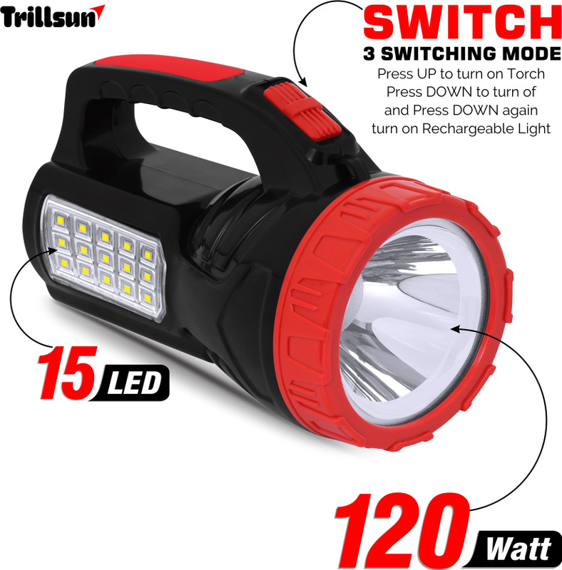 Trillsun Long Range 2 in 1 desk and torch light 5 hrs Torch Emergency Light(Red, Black)