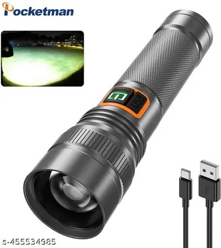 Aubade M983 Metal Led Light Long Range 1000 Meter|1 Km High Power Zoomable & Type-C 10 hrs Torch Emergency Light(Black)