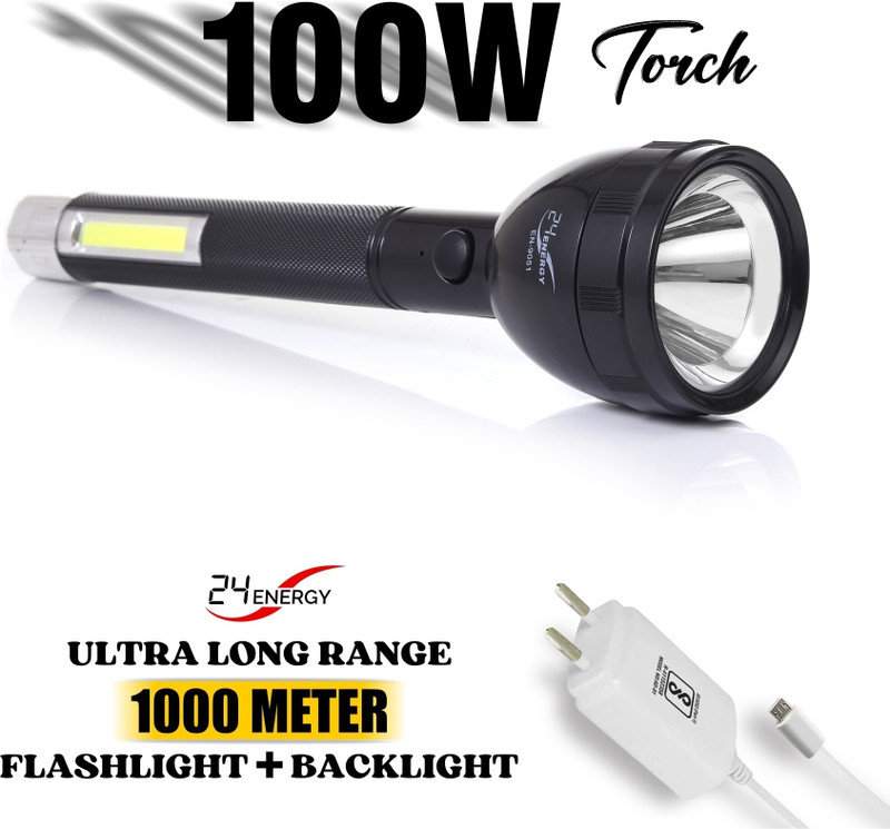 24 ENERGY 1000 Meter Long Range Flashlight + Back Light Tube Rechargeable 12 hrs Torch Emergency Light(Black)